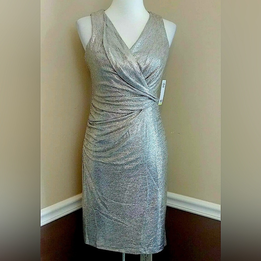 Metallic Gold Party Dress Draped Body Contouring V-Neck Modcloth M by Maia 4